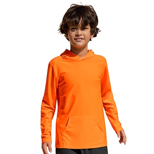 TIZAX Kinder UV Shirt Langarm Jungen Badeshirt Schwimmshirt mit Kapuze Schnelltrocknend UPF 50+ Sonnenschutz Rash Guard T-Shirt mit Tasche Orange 7-8 Jahre/122-128 von TIZAX