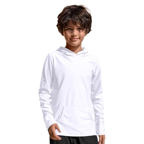 TIZAX Kinder UV Shirt Langarm Jungen Badeshirt Schwimmshirt mit Kapuze Schnelltrocknend UPF 50+ Sonnenschutz Rash Guard T-Shirt mit Tasche Weiß 13-14 Jahre/158-164 von TIZAX
