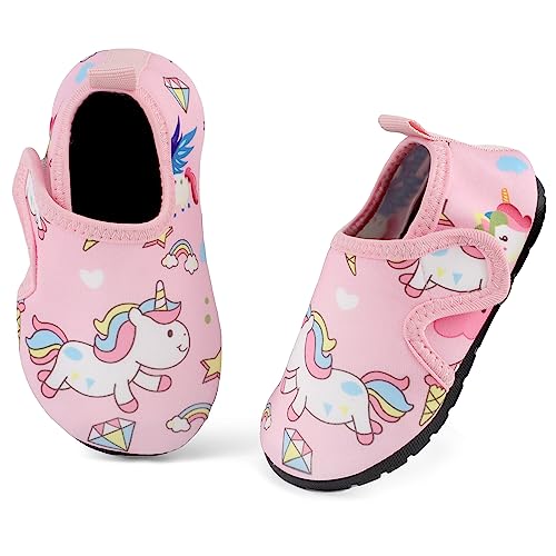 TIZAX Kleinkind Badeschuhe Kinder Mädchen Wasserschuhe rutschfeste Sommer Schnelltrocknend Barfusssocken Aquaschuhe für Strand Schwimmbad Rosa Einhörner 23/24 von TIZAX