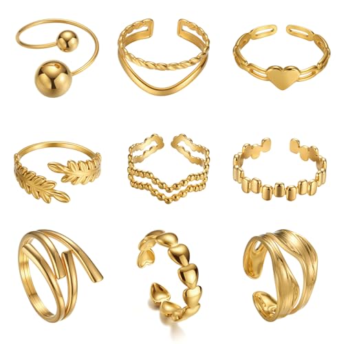 TIZU 9 Stück Damen Gold Ringe Set Edelstahl 18K Echte Goldplattierung Verstellbare Wasserfest Rings für Frauen Mädchen von TIZU