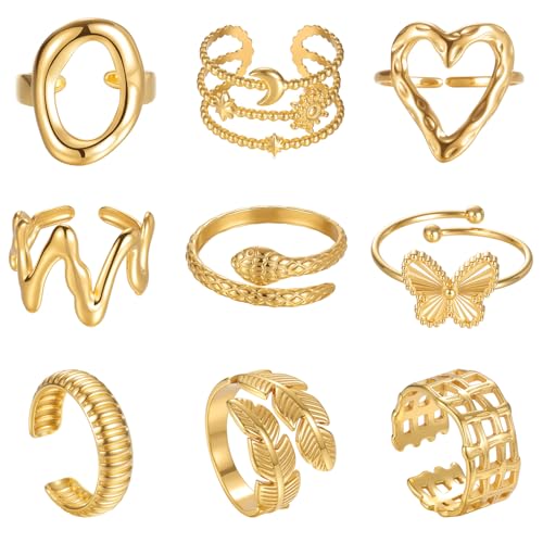 TIZU 9 Stück Damen Gold Ringe Set Edelstahl 18K Echte Goldplattierung Verstellbare Wasserfest Rings für Frauen Mädchen von TIZU