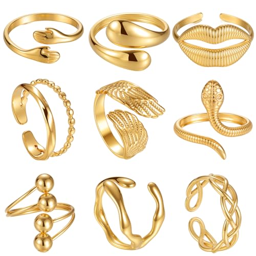 TIZU 9 Stück Damen Gold Ringe Set Edelstahl 18K Echte Goldplattierung Verstellbare Wasserfest Rings für Frauen Mädchen von TIZU