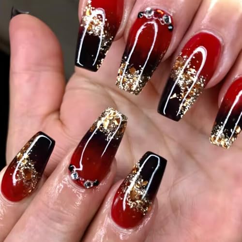 ＴＩＺＹＦＦ Press on Nails, Gold Glitter Black and Red Gradient Fake Nails, künstliche Nägel für Frauen und Mädchen -24 Stück von ＴＩＺＹＦＦ