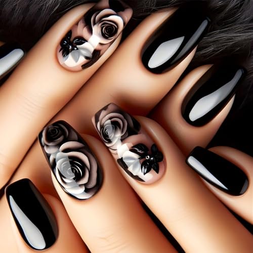ＴＩＺＹＦＦ Press on Nails, Schwarze Rose Fake Nails, Künstliche Nägel für Frauen und Mädchen -24 Stück von ＴＩＺＹＦＦ