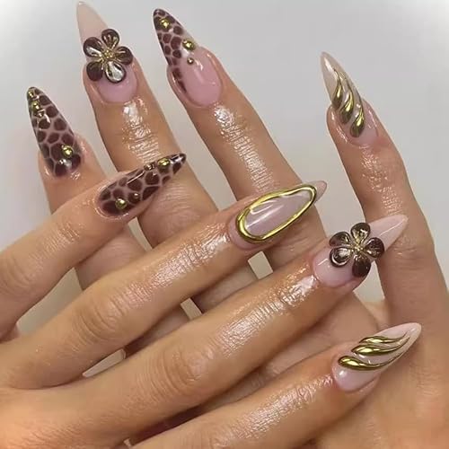 ＴＩＺＹＦＦ Klebepartienägel, 3D Gold Linie Leopard Fake Nägel, künstliche Nägel für Frauen und Mädchen - 24 Stück von ＴＩＺＹＦＦ