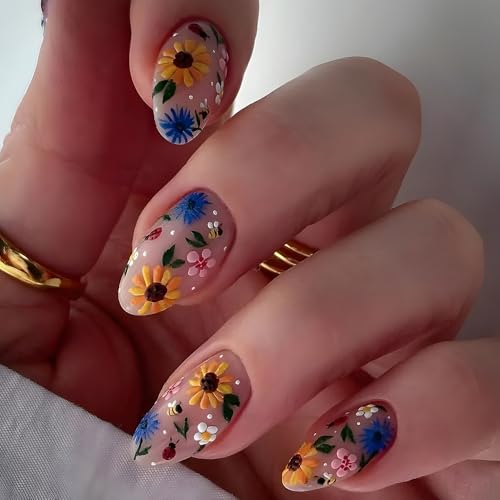 ＴＩＺＹＦＦ Press on Nails, Sonnenblume 3D geprägte falsche Nägel, künstliche Nägel für Frauen und Mädchen -24 Stück von ＴＩＺＹＦＦ