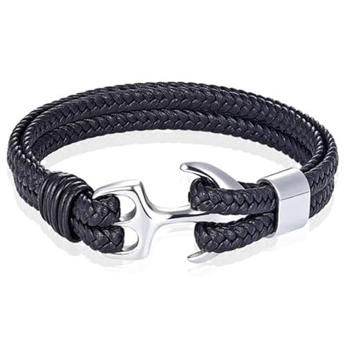 Tom Jaxon Herren Armband Anker geflochten Leder Silber Schwarz - 18cm von TJ Tom Jaxon