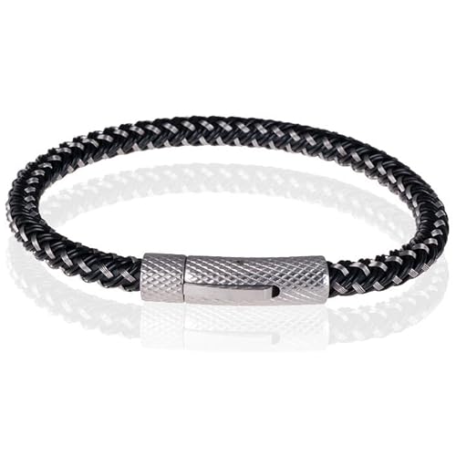 Tom Jaxon Herren Armband gewebt Leder mit Edelstahl Silber Schwarz - 19cm von TJ Tom Jaxon