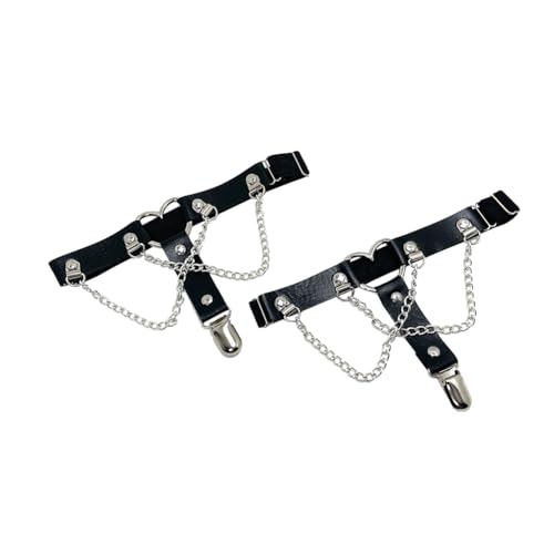 2 Stück Gothic Strumpfbänder, Kunstleder Strumpfband Gürtel, Herzförmige Metallkette Punk Strumpfband mit Anti-Rutsch-Clips, dekorative Oberschenkel Ring Strumpfband (Schwarz) von TJCGCKK