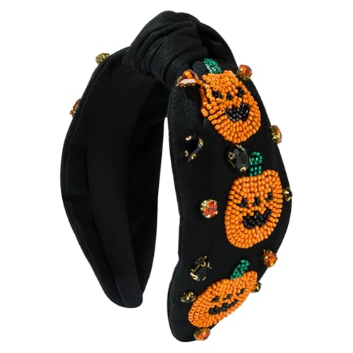 Einzigartige Top Knot Stirnband für Frauen Kreative Perlen Geist Kürbis Haarband Anti-Rutsch Haarreifen Dekorative Halloween Kopfbedeckung Mode Haarschmuck (Schwarz Orange) von TJCGCKK