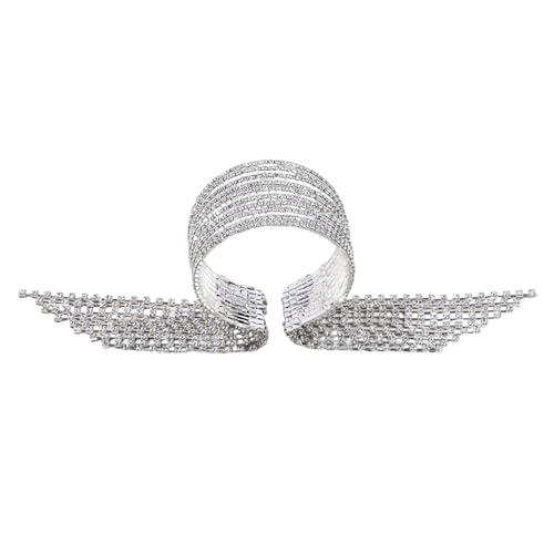 Glitzernde Strass Armreif Armband für Frauen Mehrschichtige Kristall Offene Manschette Armband Bling Quaste Fransen Armbänder Dekoration Oberarm Party Schmuck (Silber) von TJCGCKK