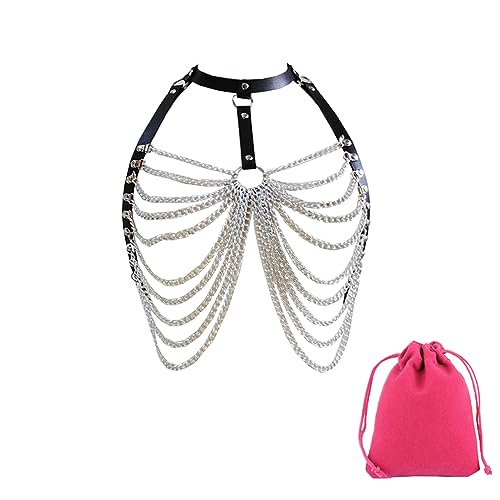 Punk Leder Taille Gürtel Kette Einstellbare Gothic Metall Layered Body Chain Rave Nightclub Party Körper Zubehör für Frauen Mädchen (Schwarz) von TJCGCKK