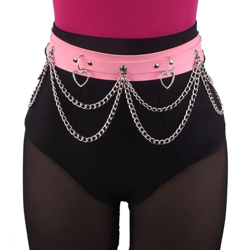 Punk Taille Kette Gürtel Einzigartige Kunstleder Harness Taille Bauch Kette Gothic Herz Ring Metallkette Quaste Bauch Kette Rave Nightclub Party Taille Körper Kette (Rosa) von TJCGCKK