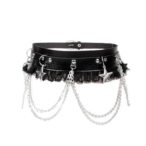 Punk Taille Kette Gürtel Mode Kunstleder Spitze Taille Körper Kette Gothic Star Metall Kette Quaste Bauch Kette Rave Nightclub Körper Kette (Schwarz) von TJCGCKK