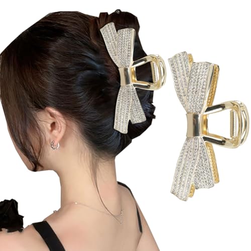 Rhinestone Bow Hair Claw Clips für Frauen, Einzigartige große Metall stark halten Haar Kiefer Clips, Bling Crystal Anti-Rutsch-Ponytail Halter Mode Haar-Styling Zubehör (Gold) von TJCGCKK