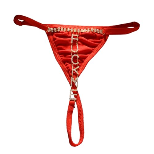 Strass FUCKME Tanga Taille Kette Glitter Kristall Niedrige Taille Höschen Strings Festival Rave Bikini G-String Taille Körperschmuck für Frauen (Rot Gold) von TJCGCKK