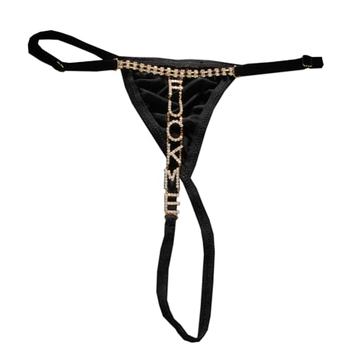 Strass FUCKME Tanga Taille Kette Glitter Kristall Niedrige Taille Höschen Strings Festival Rave Bikini G-String Taille Körperschmuck für Frauen (Schwarz Gold) von TJCGCKK