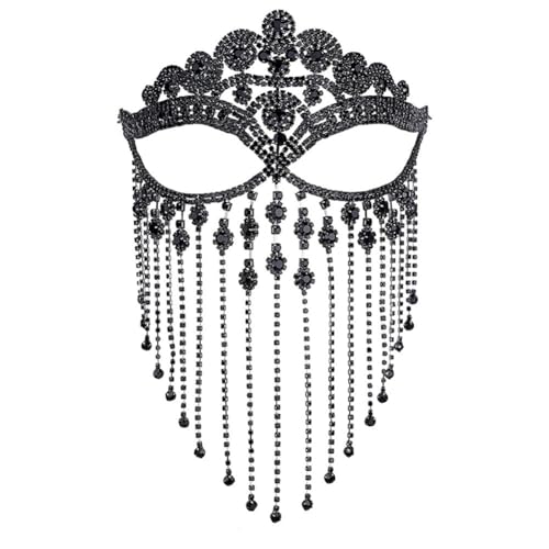 Strass Maskerade Maske Kette Kristall Quaste Bauchtanz Kostüm Kopfbedeckungen Gesicht Abdeckung Festival Hochzeit Party Outfit Gesicht Kette Schmuck (Schwarz) von TJCGCKK