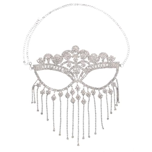 Strass Maskerade Maske Kette Kristall Quaste Bauchtanz Kostüm Kopfbedeckungen Gesicht Abdeckung Festival Hochzeit Party Outfit Gesicht Kette Schmuck (Silber) von TJCGCKK
