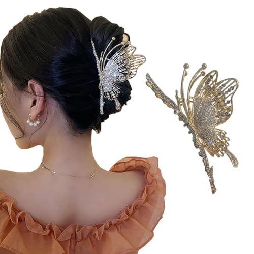 Strass Schmetterling Haar Krallen Clips für Frauen, Vintage großen Metall starken Halt Pferdeschwanz Halter, Bling Crystal Anti-Rutsch Haar Kiefer Clips Dekoration Haarschmuck (Gold) von TJCGCKK