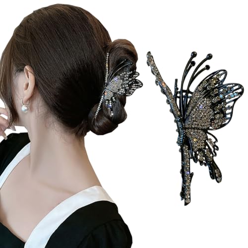 Strass Schmetterling Haar Krallen Clips für Frauen, Vintage großen Metall starken Halt Pferdeschwanz Halter, Bling Crystal Anti-Rutsch Haar Kiefer Clips Dekoration Haarschmuck (Schwarz) von TJCGCKK