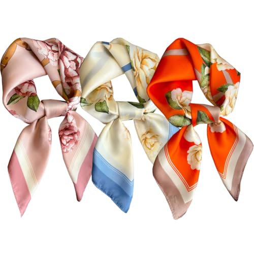 TJCGCKK 3 Stück Mode Schal für Tasche Handtasche Handle Mode Rose Blume gedruckt Kopftuch Haarband Leichtgewicht Seide Hals Schals Dekoration Handschal (Mehrfarbig) von TJCGCKK