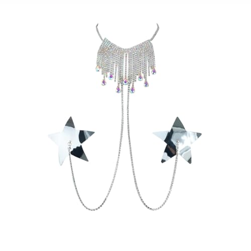 TJCGCKK Stern Nippel Aufkleber mit Strass Quaste Halskette Glänzend Kristall Pasties Nippel Abdeckung Kette Nachtclub BH Körper Kette (Silber) von TJCGCKK