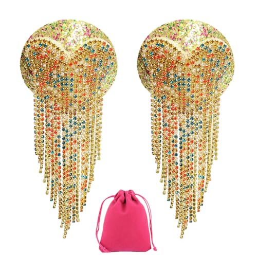 TJCGCKK Strass Nippelabdeckungen Pasties Wiederverwendbare Selbstklebende Nippel Aufkleber Kreative Kristall Runde geformte Brustblüten Unsichtbare Quaste Nippel Pasties (Gold) von TJCGCKK