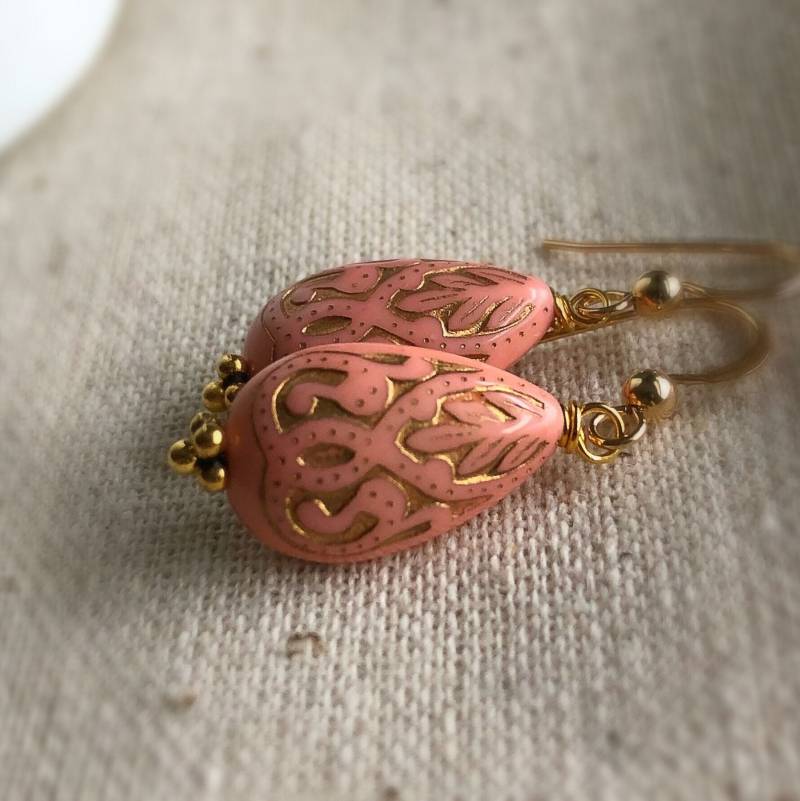 Pfirsich Boho Teardrop Ohrringe, Gold Washed Vintage Style Statement Geschenke Für Sie Unter 30, Schmuck Den Alltag von TJChateau