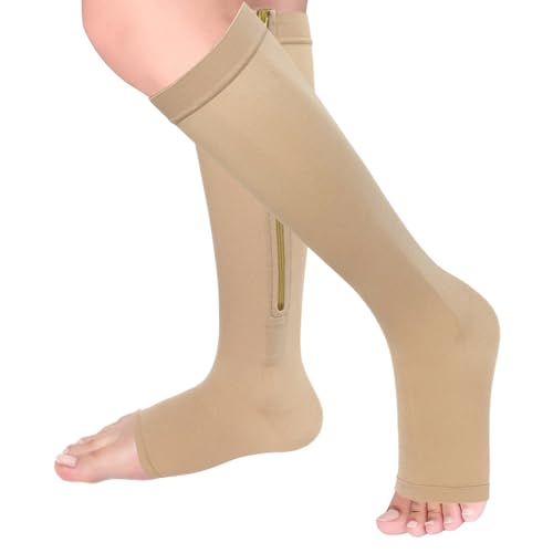 20-30 mmHg Medizinische Kompressionsstrümpfe, Klasse 2 Kompressionsstrümpfe mit Reißverschluss für Damen und Herren, Stützstrümpfe mit offenen Zehen für Krampfadern Ödeme Flug Freizeit (Hautfarbe, XL) von TJHDSF