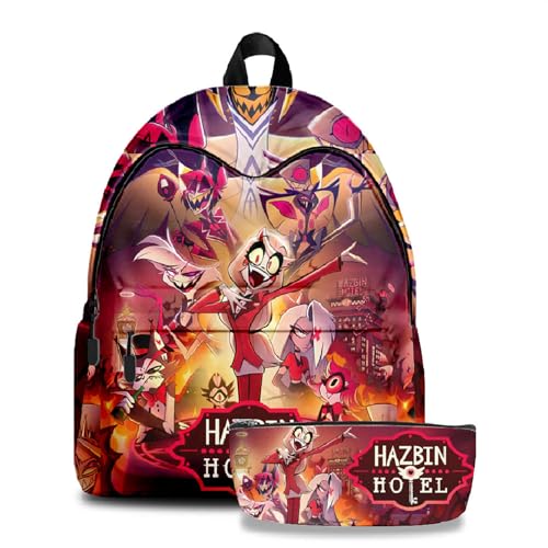 TJOS Hazbin Hotel Animated Printed Backpack Set Boys and Girls Shoulder Bag Clashing School Bags, Farbe-1, Taschen-Set von TJOS