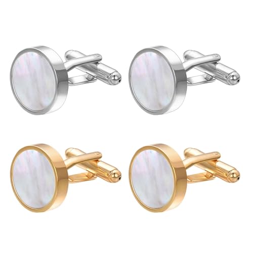 TJUSPIRIT 2 Paar Herren Manschettenknöpfe Mens Cufflinks- Silber & Gold - Runde Perlmutt-Oberfläche - Elegantes Accessoire für Business & Hochzeit von TJUSPIRIT