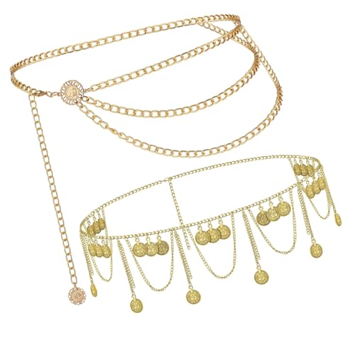 TJUSPIRIT 2er Taillenketten Gürtel Bauchketten für Damen Metall Verstellbare Kettengürtel Körperketten Metallgürtel Bauchschmuck für Jeans, Röcke und mehr(Set 1) von TJUSPIRIT