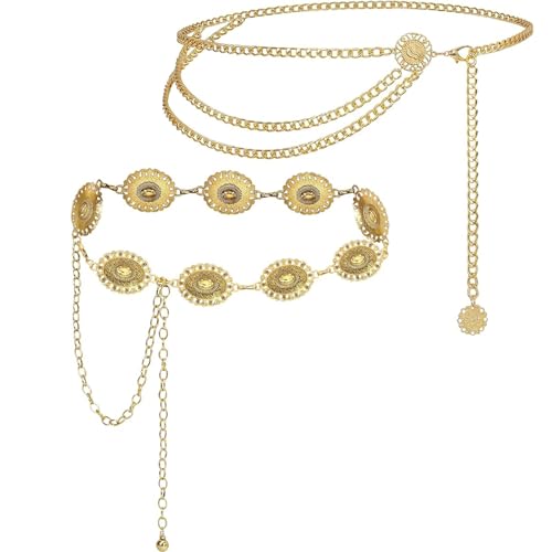 TJUSPIRIT 2er Taillenketten Gürtel Bauchketten für Damen Metall Verstellbare Kettengürtel Körperketten Metallgürtel Bauchschmuck für Jeans, Röcke und mehr(Set 2) von TJUSPIRIT