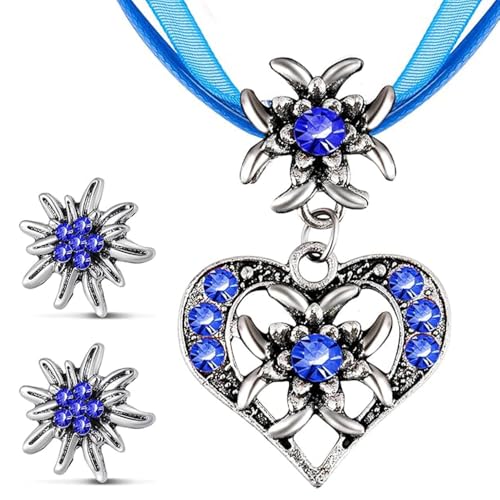 TJUSPIRIT 3er Trachtenschmuck Set Dirndlschmuck Edelweiß Schmuck-Set Trachtenkette & Ohrstecker Dirndl Schmuck für Oktoberfest Trachtenfest Dirndl Outfit(Dunkelblau) von TJUSPIRIT