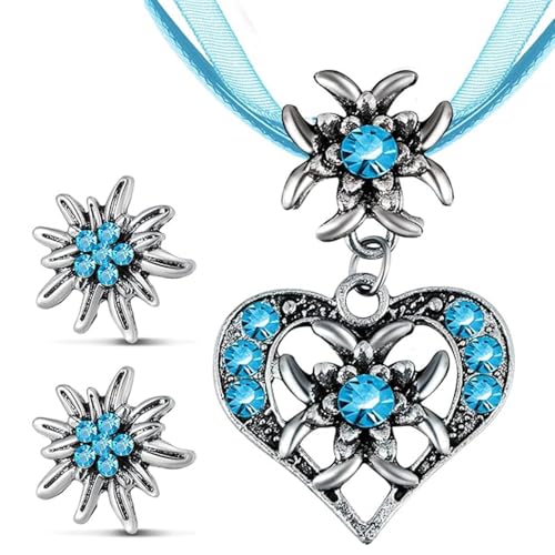 TJUSPIRIT 3er Trachtenschmuck Set Dirndlschmuck Edelweiß Schmuck-Set Trachtenkette & Ohrstecker Dirndl Schmuck für Oktoberfest Trachtenfest Dirndl Outfit(Hellblau) von TJUSPIRIT