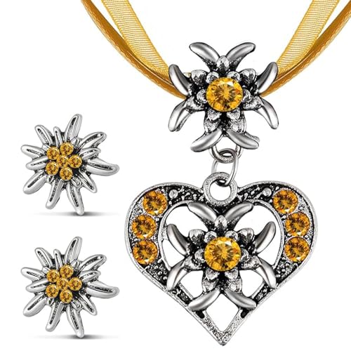 TJUSPIRIT 3er Trachtenschmuck Set Dirndlschmuck Edelweiß Schmuck-Set Trachtenkette & Ohrstecker Dirndl Schmuck für Oktoberfest Trachtenfest Dirndl Outfit(Orange) von TJUSPIRIT