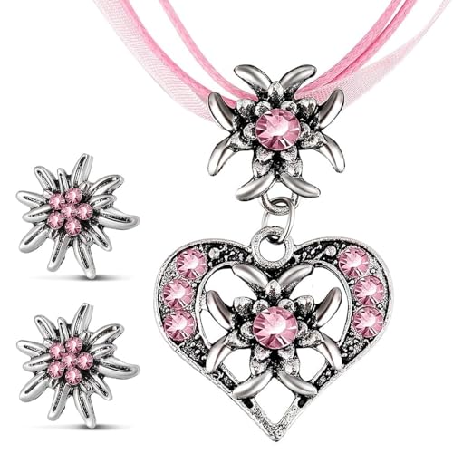 TJUSPIRIT 3er Trachtenschmuck Set Dirndlschmuck Edelweiß Schmuck-Set Trachtenkette & Ohrstecker Dirndl Schmuck für Oktoberfest Trachtenfest Dirndl Outfit(Rosa) von TJUSPIRIT