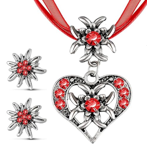 TJUSPIRIT 3er Trachtenschmuck Set Dirndlschmuck Edelweiß Schmuck-Set Trachtenkette & Ohrstecker Dirndl Schmuck für Oktoberfest Trachtenfest Dirndl Outfit(Rot) von TJUSPIRIT