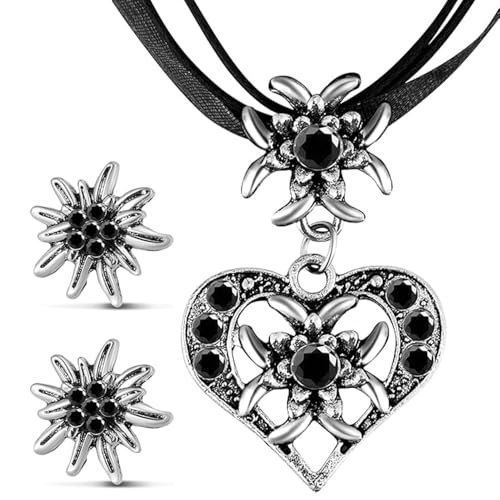 TJUSPIRIT 3er Trachtenschmuck Set Dirndlschmuck Edelweiß Schmuck-Set Trachtenkette & Ohrstecker Dirndl Schmuck für Oktoberfest Trachtenfest Dirndl Outfit(Schwarz) von TJUSPIRIT