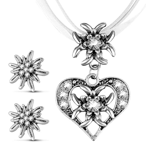 TJUSPIRIT 3er Trachtenschmuck Set Dirndlschmuck Edelweiß Schmuck-Set Trachtenkette & Ohrstecker Dirndl Schmuck für Oktoberfest Trachtenfest Dirndl Outfit(Weiß) von TJUSPIRIT