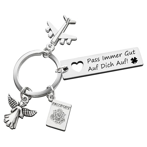 TJUSPIRIT Glücksbringer Reise Schlüsselanhänger mit Gravur Pass Immer Gut Auf Dich Auf Schutzengel Schlüsselanhänger mit Passport Flugzeug Anhänger Reise Flugzeug Glücksbringer Geschenk von TJUSPIRIT