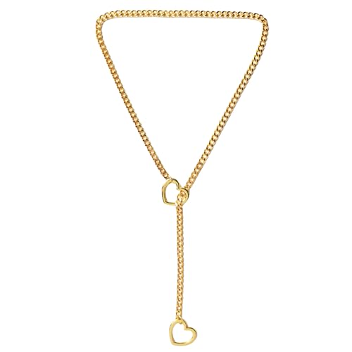 TJUSPIRIT Edelstahl Slip Chain Choker Damen Schlupfkette Punk Gothic Herzkette y2k Lariat Y Halskette PU Lederhalsband Halskette 65CM(Gold) von TJUSPIRIT
