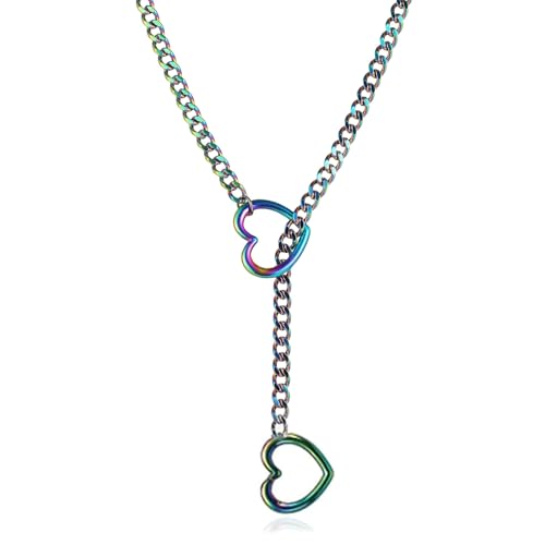 TJUSPIRIT Slip Chain Choker Kette Damen Schlupfkette Punk Gothic Herzkette y2k Lariat Y Halskette PU Lederhalsband Halskette aus Edelstahl, 60CM(Bunt) von TJUSPIRIT