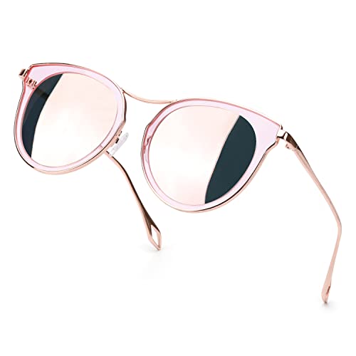 TJUTR Damen Sonnenbrille Übergroße Mode Cat Eye Sonnenbrille mit verspiegelten polarisierten Gläsern, Anti Glare UV-Schutz, Metallbügel (A1 Rosa Rahmen/Rosa Verspiegelte Linse) von TJUTR