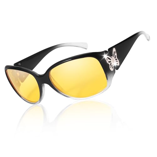 TJUTR Nachtfahrbrille Damen Übergroße Umwickeln Polarisierte Nachtsichtbrille Anti-Blendung Gelbe Linse Reduzieren Scheinwerfer Blendung für Nachtfahrten von TJUTR