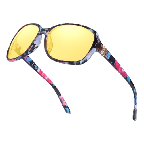 TJUTR Nachtfahrbrille für Damen, Anti-Blendung Umwickeln Nachtsichtbrille für das Fahren Polarisierte Gelbe Linse mit Reduzieren Scheinwerfer Blendung UV400 Schutz von TJUTR
