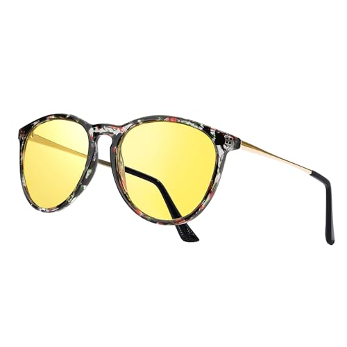 TJUTR Polarisierte Nachtfahrtbrille für Autofahren Damen und Herren HD Gelbe Nacht Vision Blendschutz Brille - UV400 (Schwarz Blumig/Gelb) von TJUTR