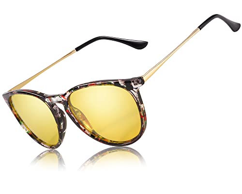 TJUTR Polarisierte Nachtfahrtbrille für Autofahren Damen und Herren HD Gelbe Nacht Vision Blendschutz Brille - UV400 (Schwarz Blumig/Gelb) von TJUTR