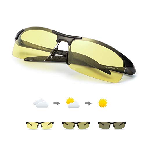 TJUTR Polarisierte Nachtsichtbrille Herren Photochromatisch Sports für UVA UVB Schutz Metallrahmen Leicht Nacht Vision Blendschutz Brille (Schwarz(sport)/Gelb Photochromatisch) von TJUTR